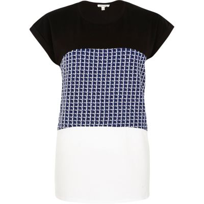 Blue colour block jacquard t-shirt